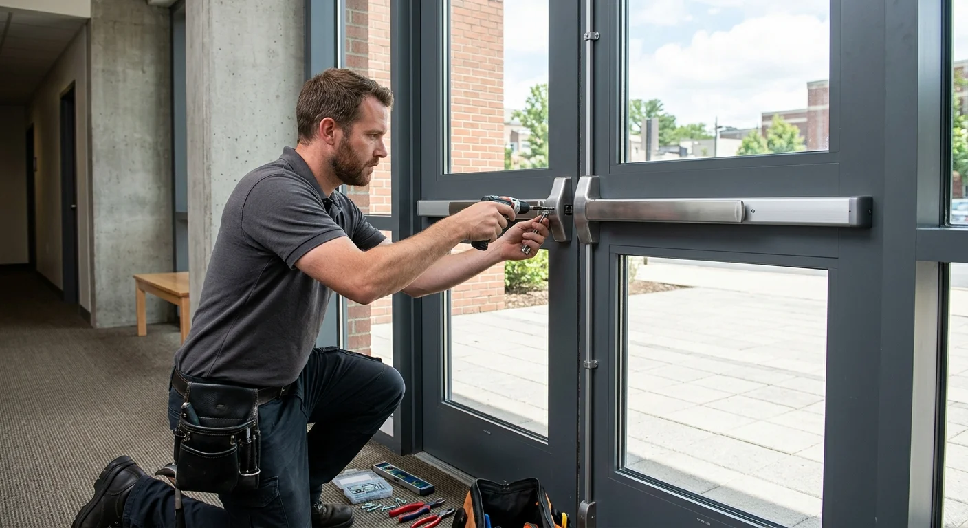 Horizontal push-bar exit device on a gray commercial door