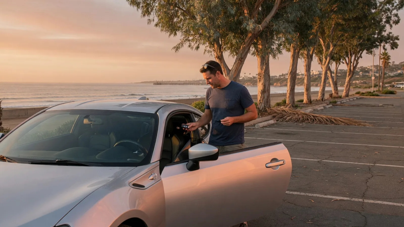 Driver holding a compact key fob beside a silver sports coupe in a coastal San Diego lot
