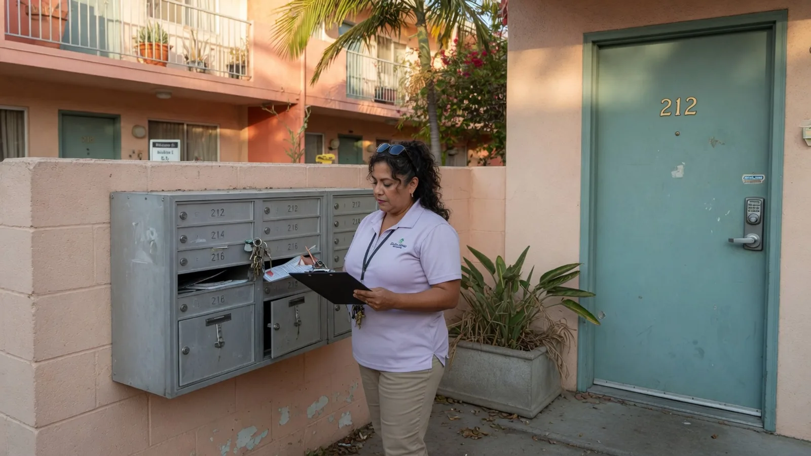 Property manager with a clipboard beside cluster mailboxes and a unit door