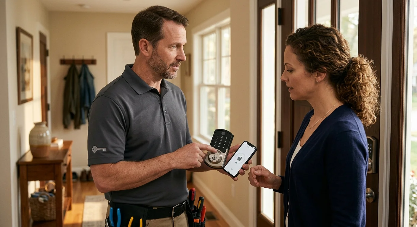 Homeowner and locksmith comparing a smart deadbolt key cylinder and phone access