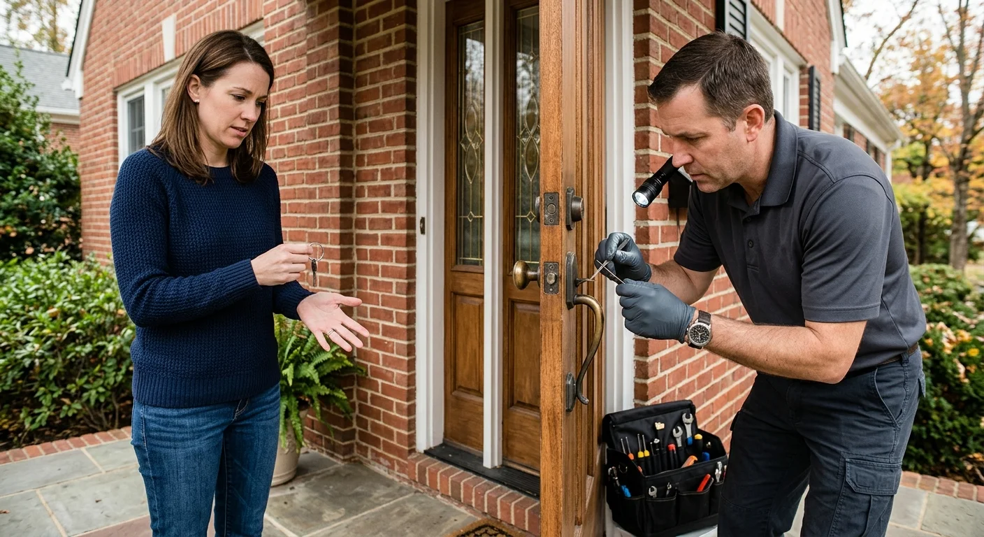Homeowner with an empty key ring beside a locksmith inspecting an exterior lock