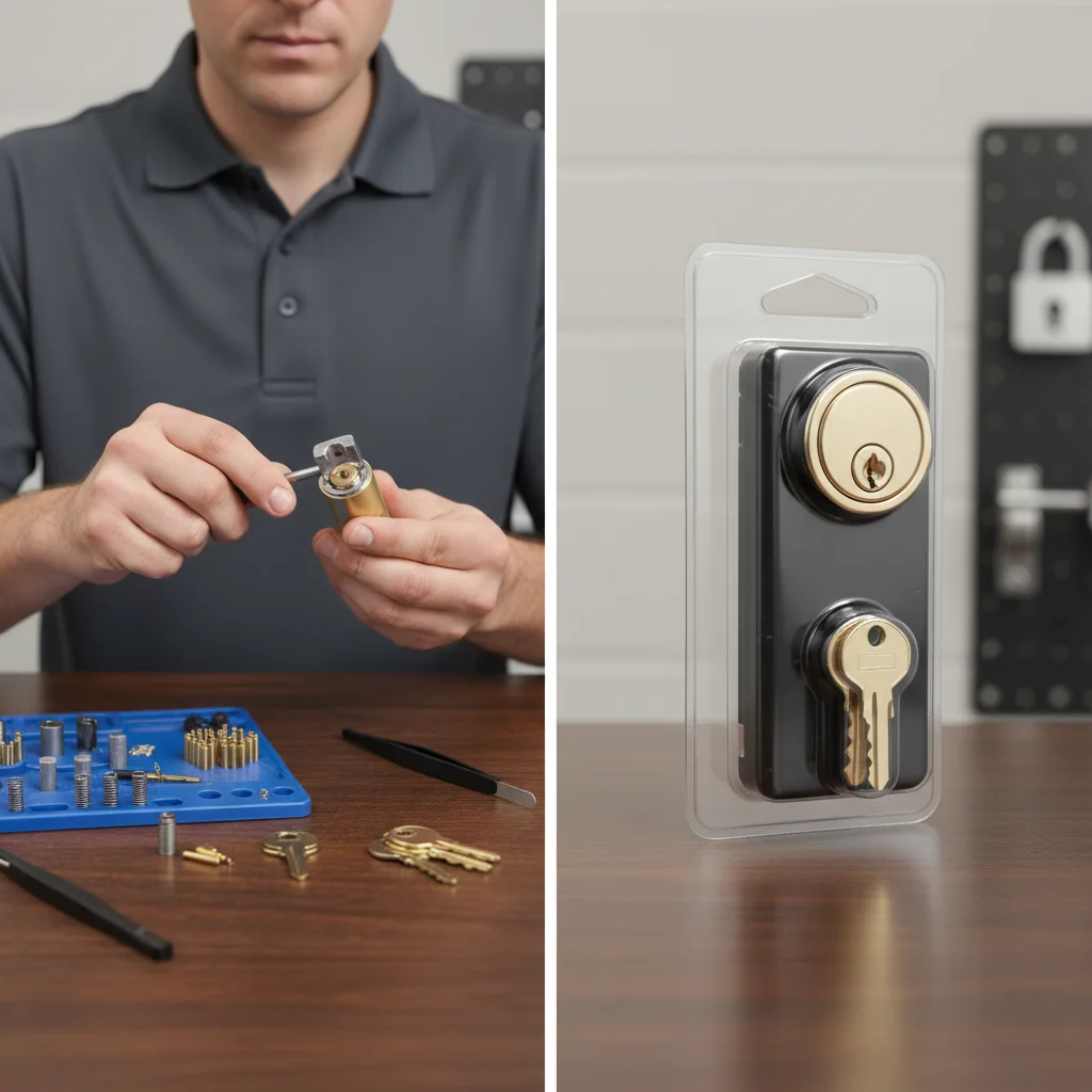 A side-by-side comparison of a locksmith rekeying a lock cylinder and a new deadbolt in its packaging.