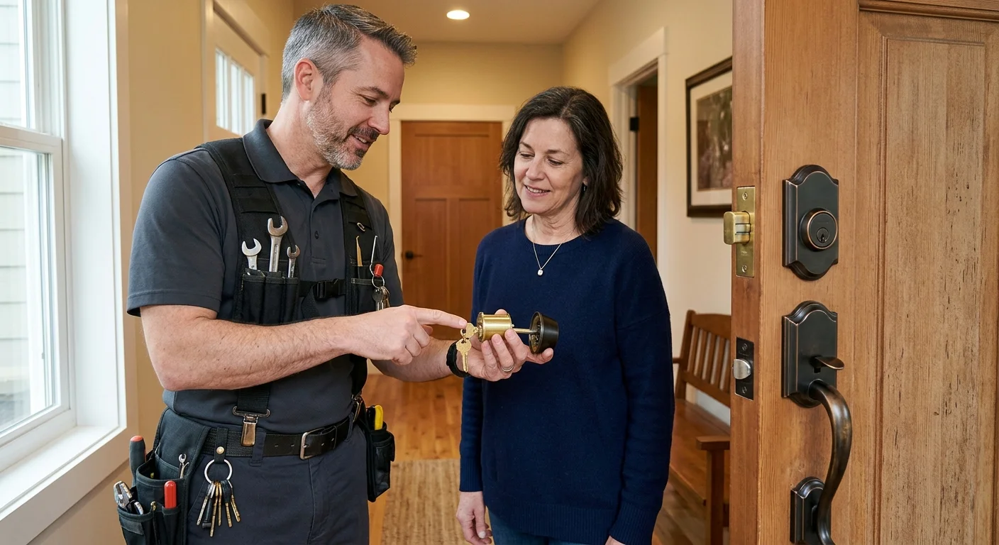 A locksmith showing a homeowner a removable lock cylinder