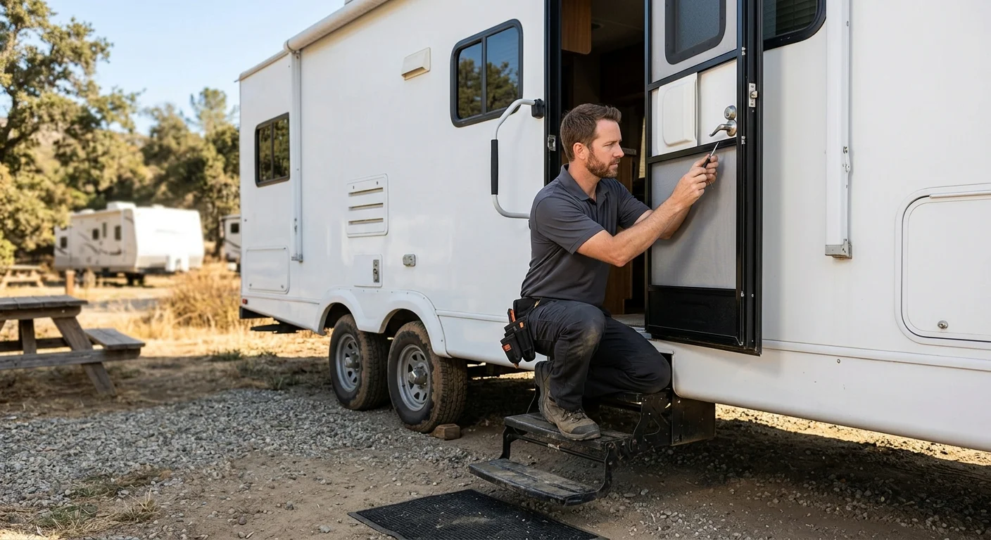 White recreational vehicle entry door and step at a San Diego County campground