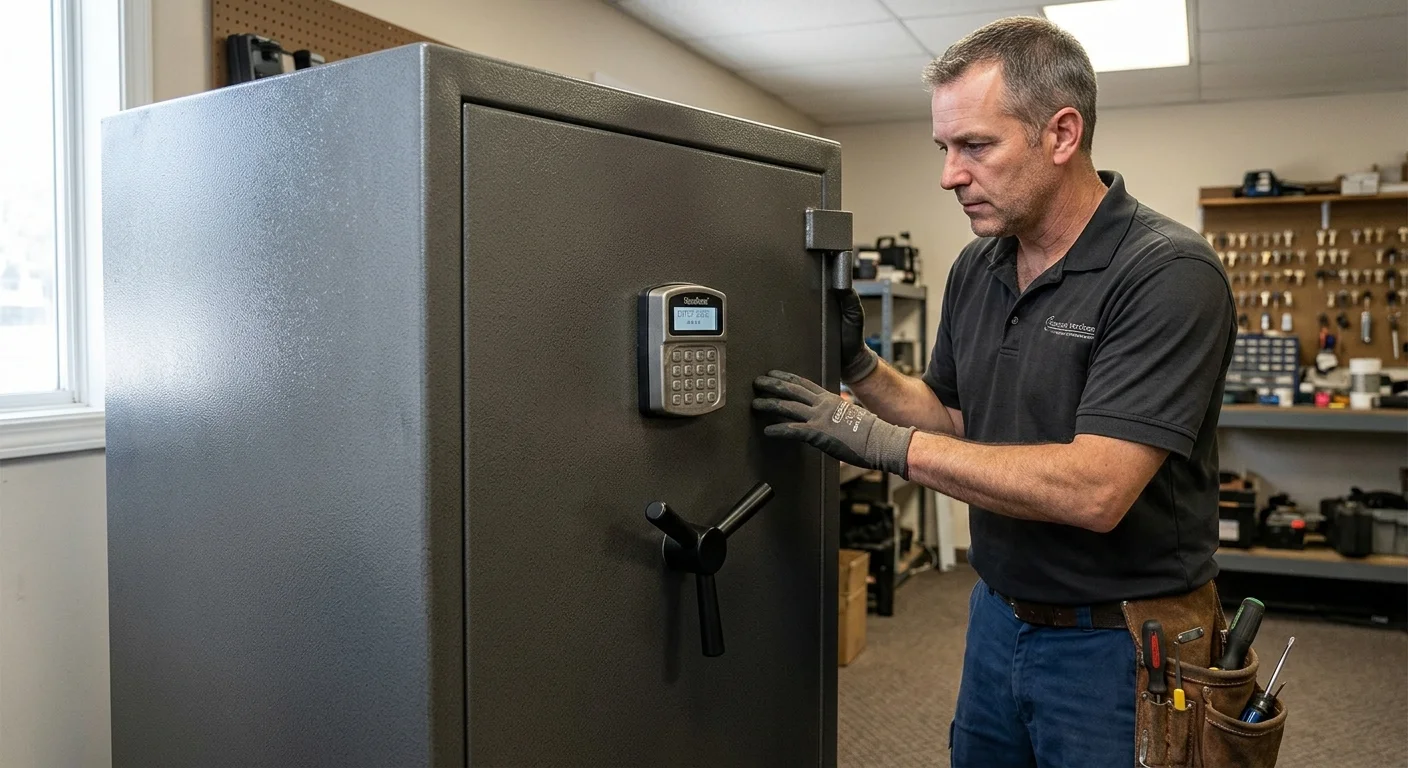 Safe owner checking a responsive electronic keypad beside a still handle