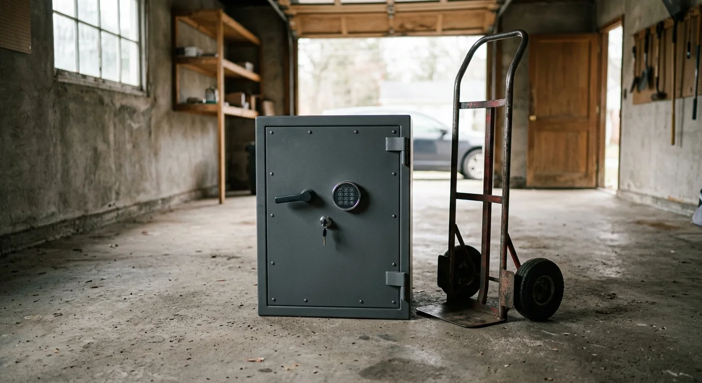 Daylight photograph of a closed grey steel home safe in an empty garage