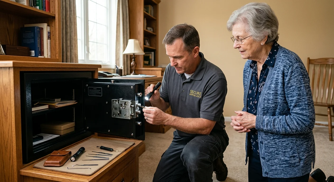 Independent safe locksmith inspecting a home safe with its owner