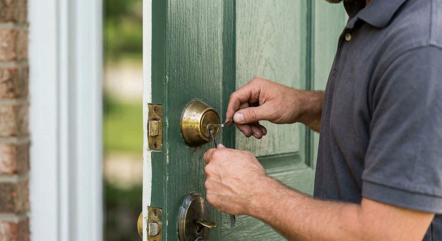 Close view of a residential deadbolt on a painted wood door