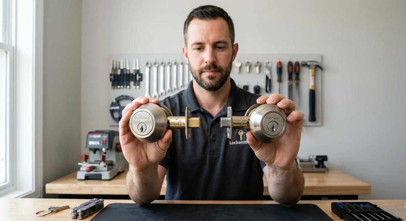 A side-by-side comparison shot of a Schlage B60 deadbolt and a Kwikset 980 deadbolt against a clean, neutral background.