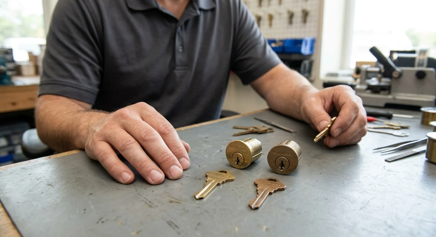 A Schlage key and a Kwikset key beside two residential lock cylinders