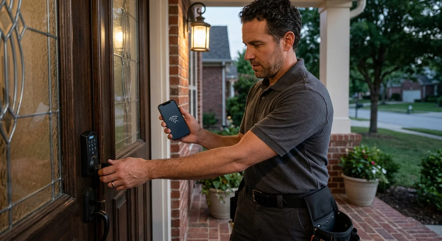 Homeowner checking a Schlage lock and phone app at a front door