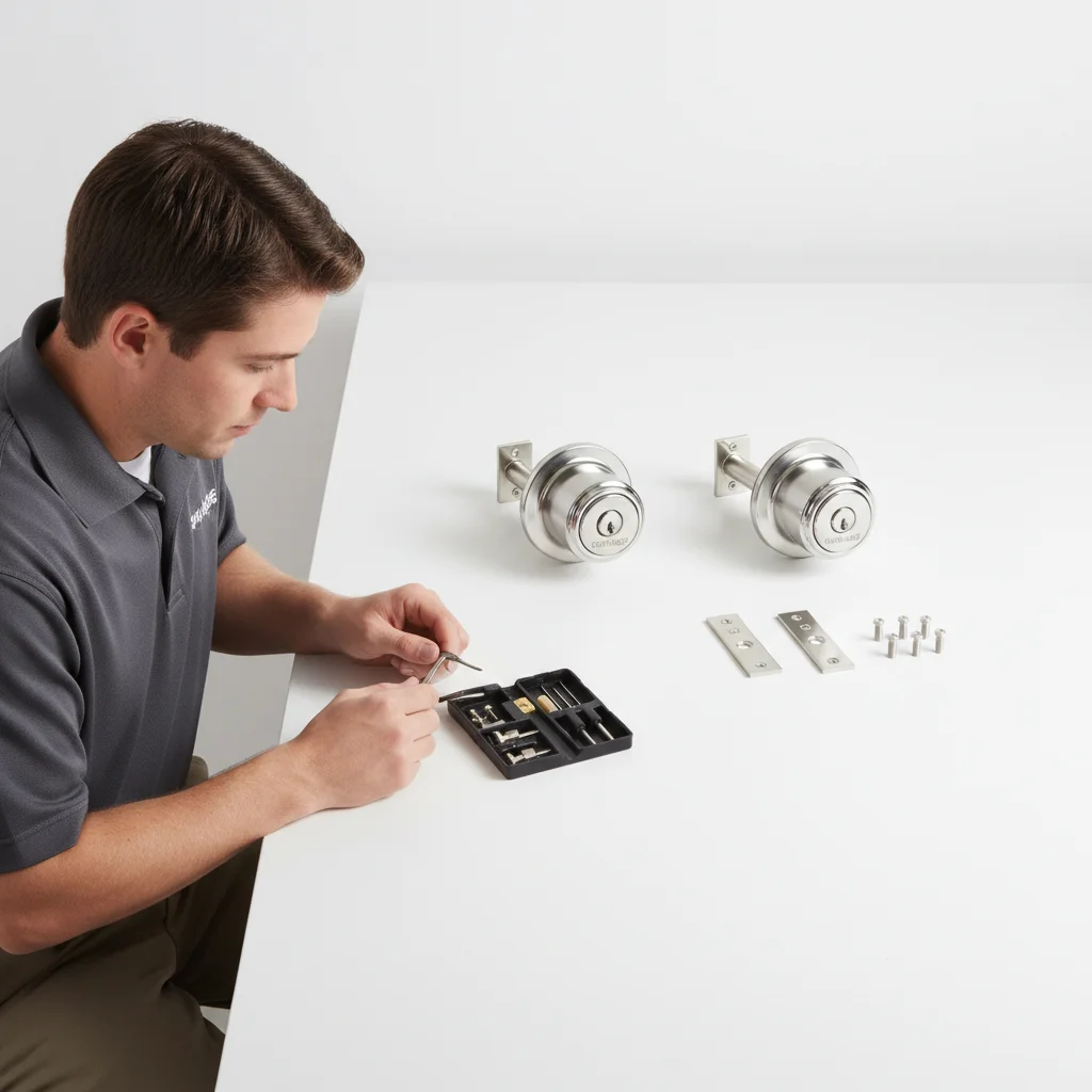 A Schlage deadbolt and a Kwikset deadbolt placed side-by-side on a white background.