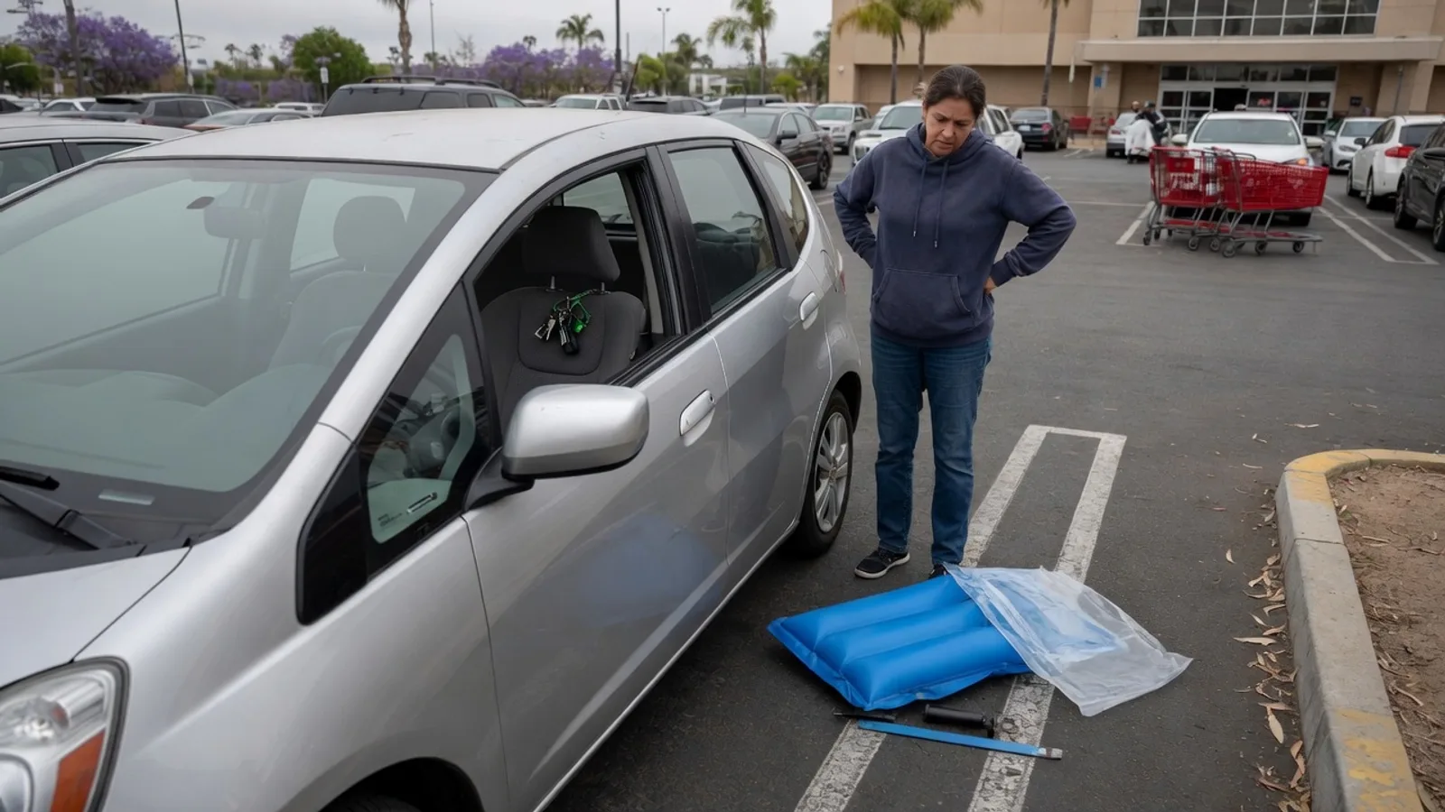 Driver looking at a cheap air-wedge lockout kit on the asphalt beside a locked car with keys on the seat