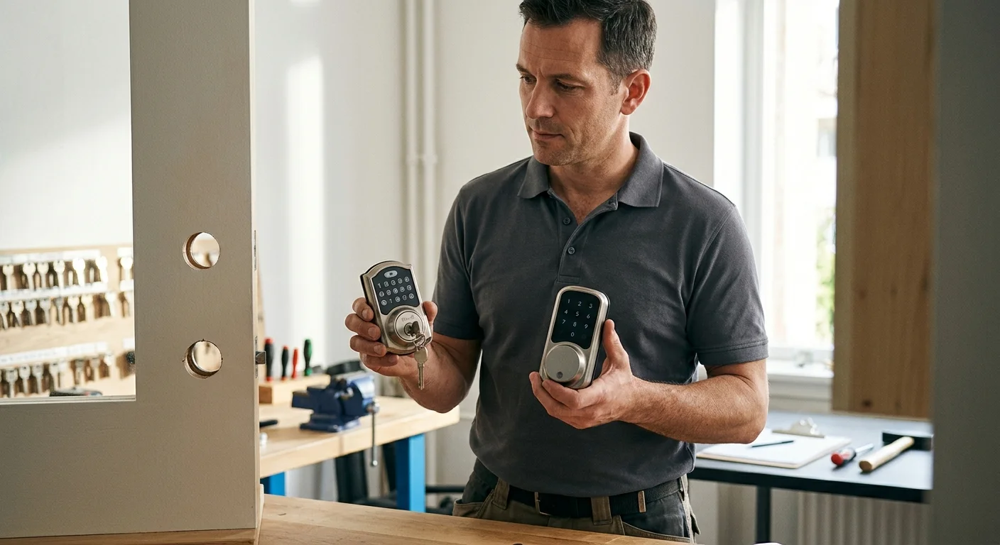A homeowner comparing keyed and key-free smart deadbolts
