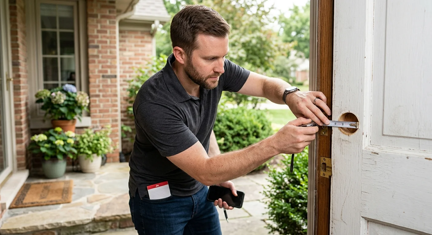 A homeowner measuring the deadbolt opening on an existing front door