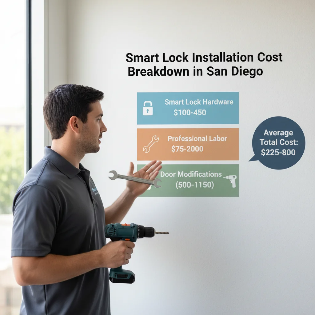 Infographic detailing smart lock installation costs in San Diego, breaking down typical hardware, labor, and door modification expenses.