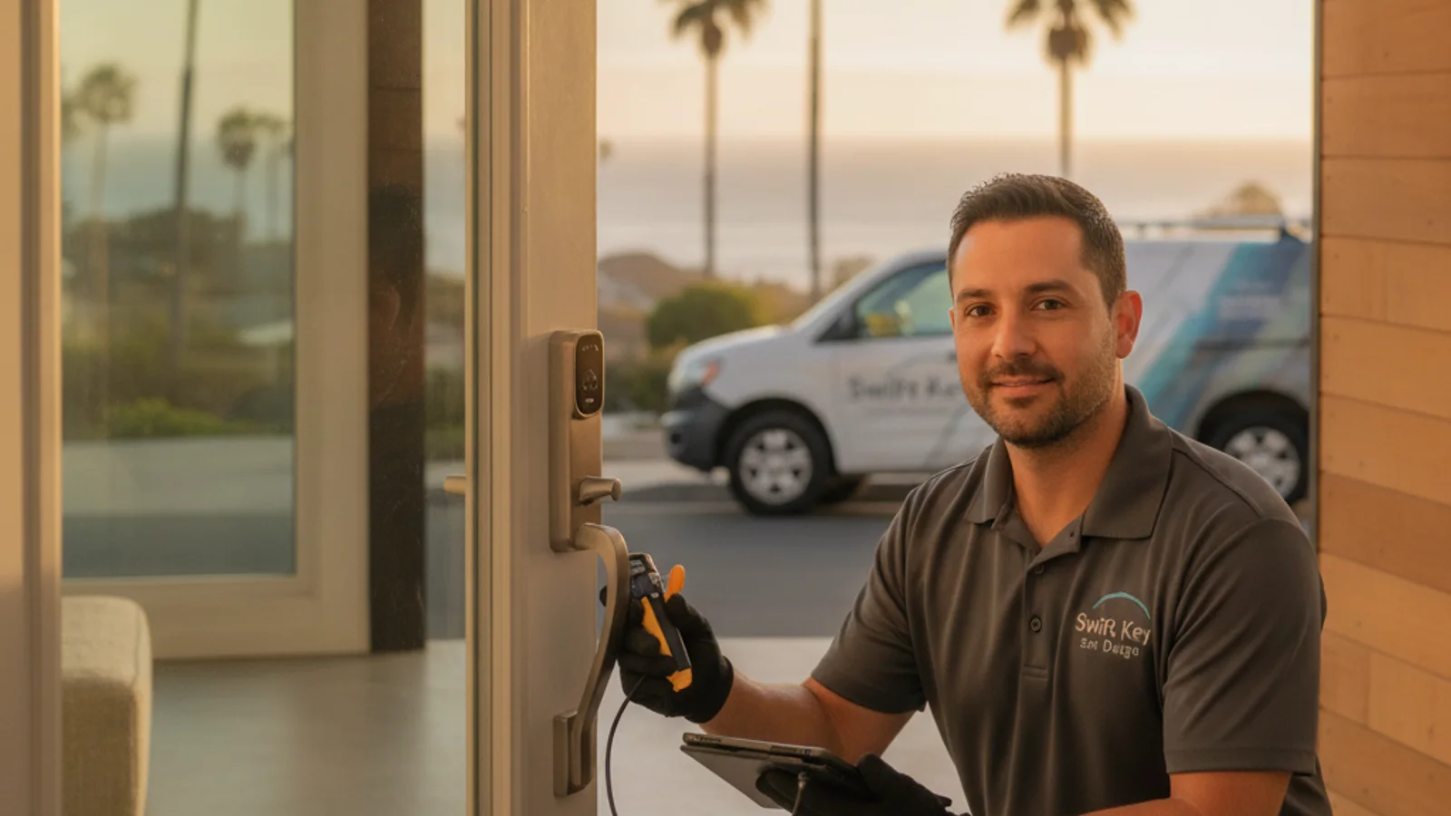 A keypad smart lock mounted on a beach house front door near Mission Beach, San Diego