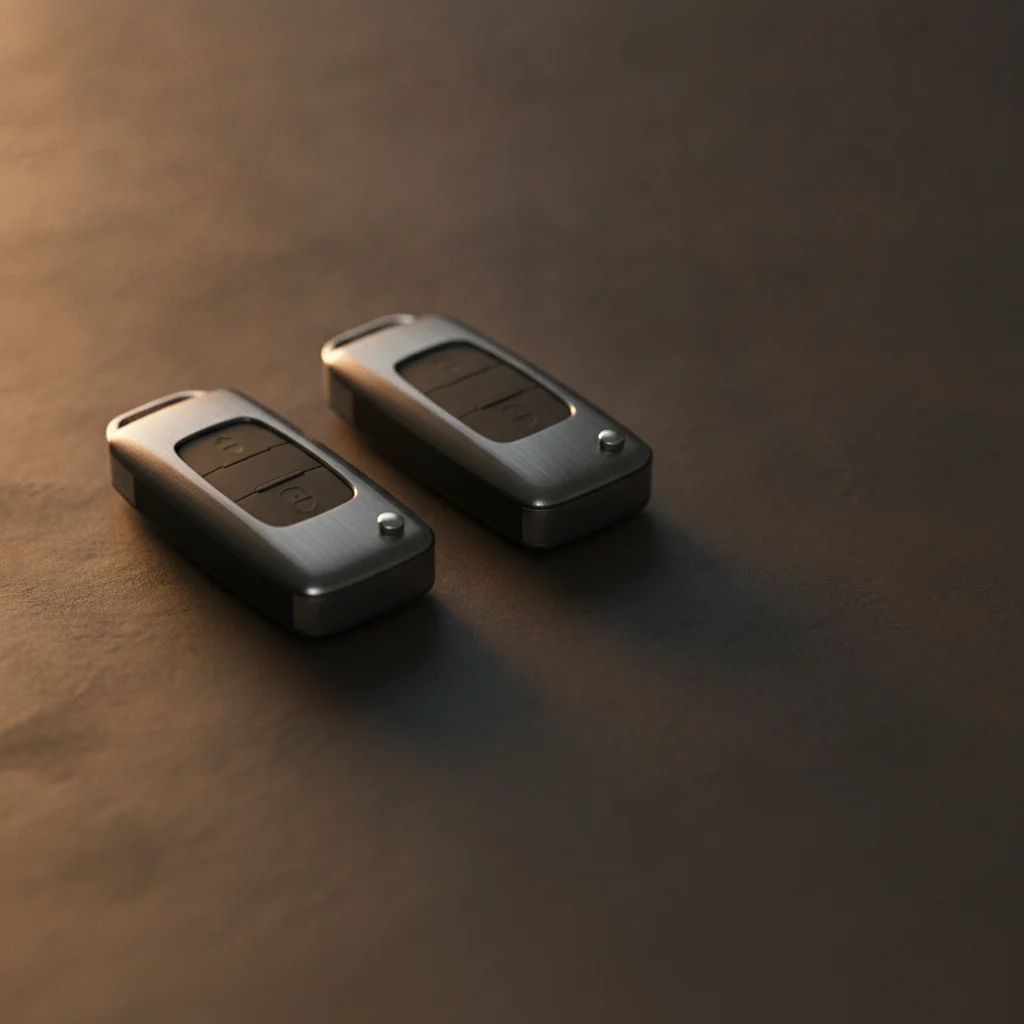 Una llave de carro Mazda y un control de proximidad inteligente sobre una mesa de trabajo junto a una herramienta de programación de un cerrajero.