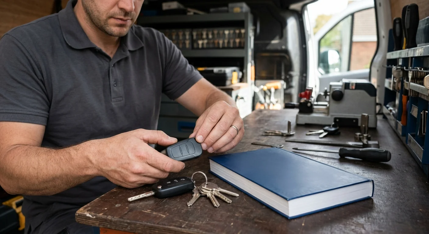 A spare car key beside an owner's manual and working key