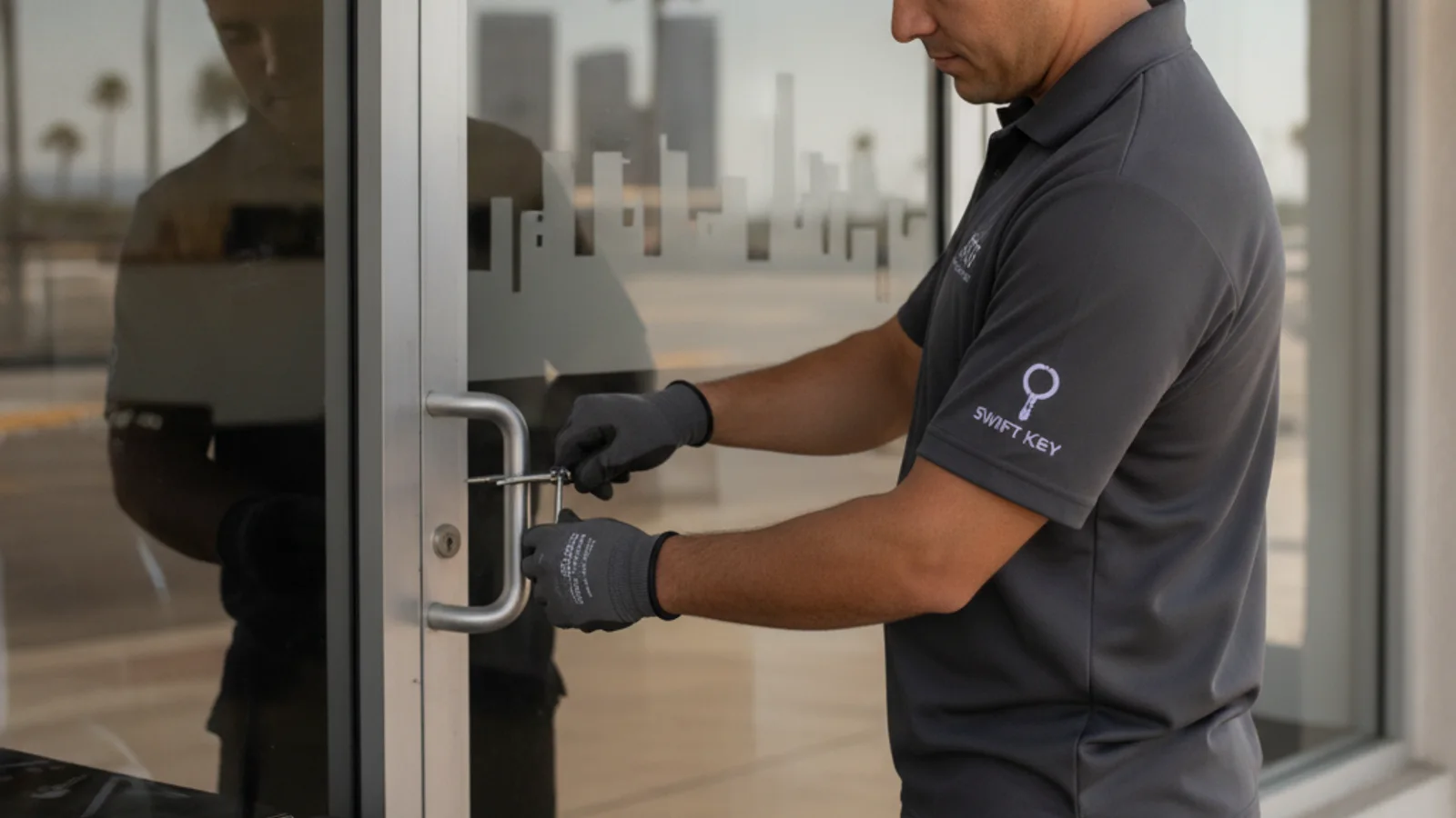 A locksmith repairing an aluminum storefront door lock on a San Diego retail strip, working on the narrow-stile frame with a mortise cylinder tool