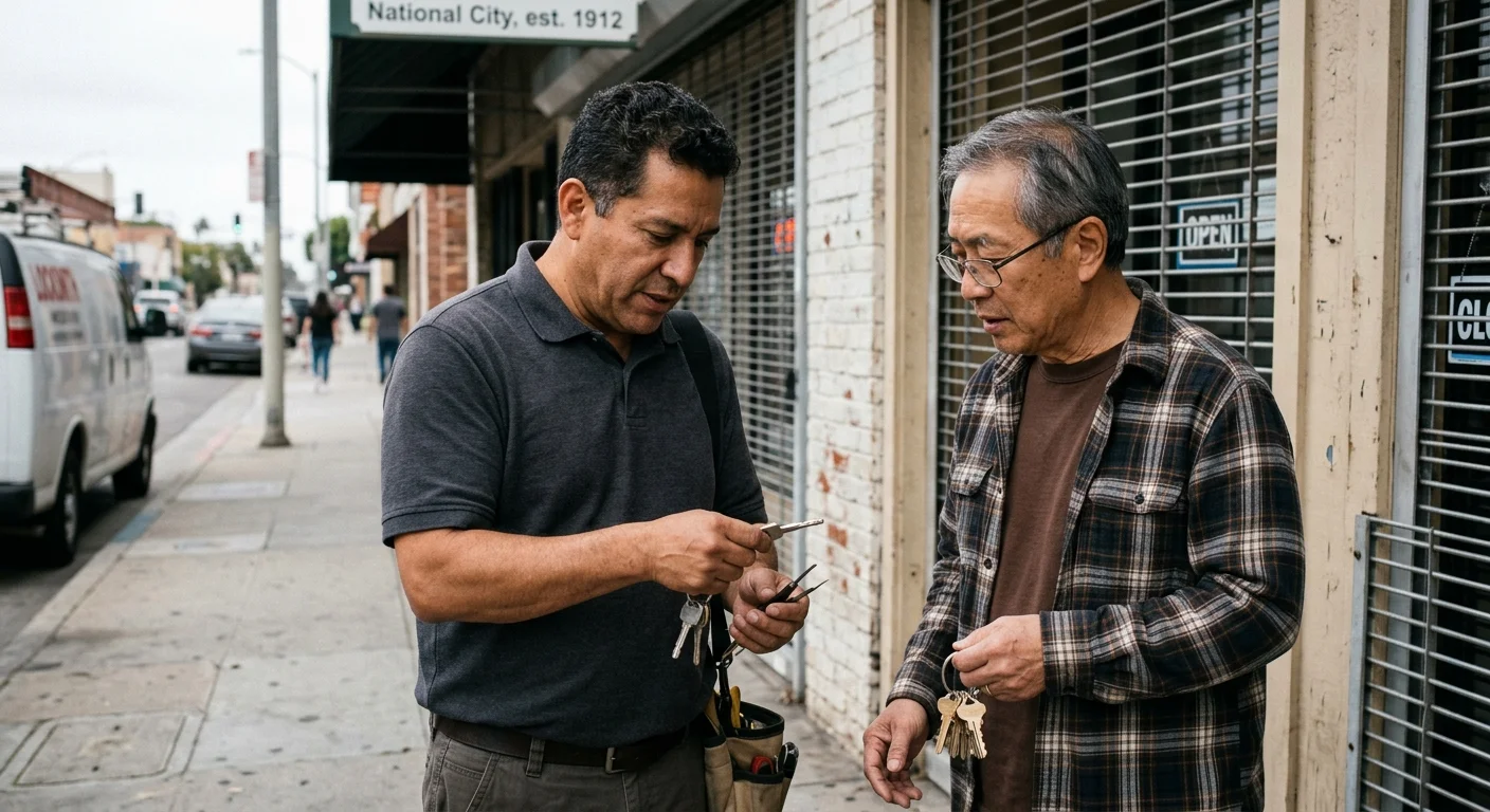 A National City shop owner reviews a missing storefront key with an independent locksmith