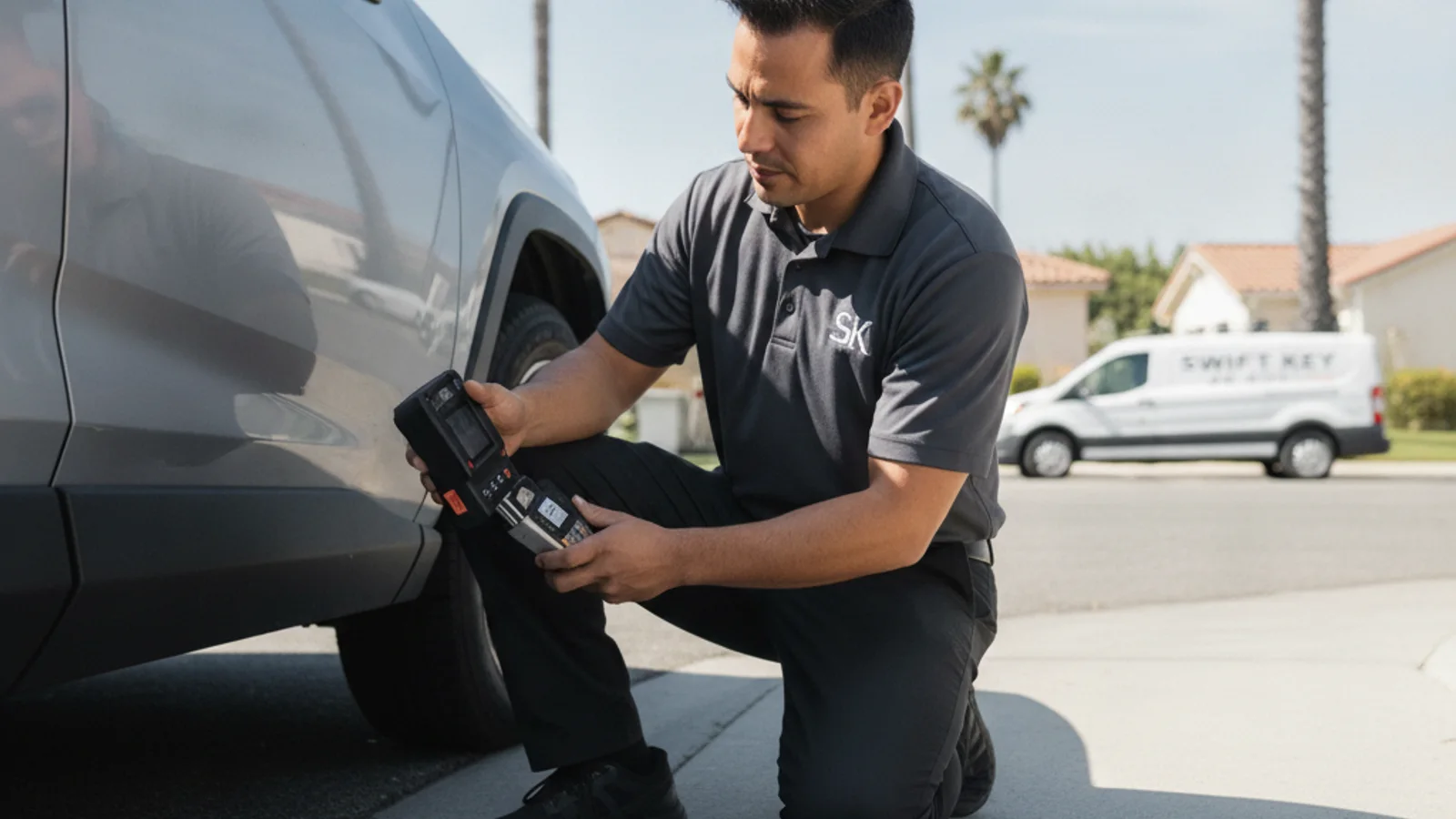 A mobile locksmith programming a replacement Toyota key using an OBD diagnostic tool connected to a Camry in a San Diego driveway.