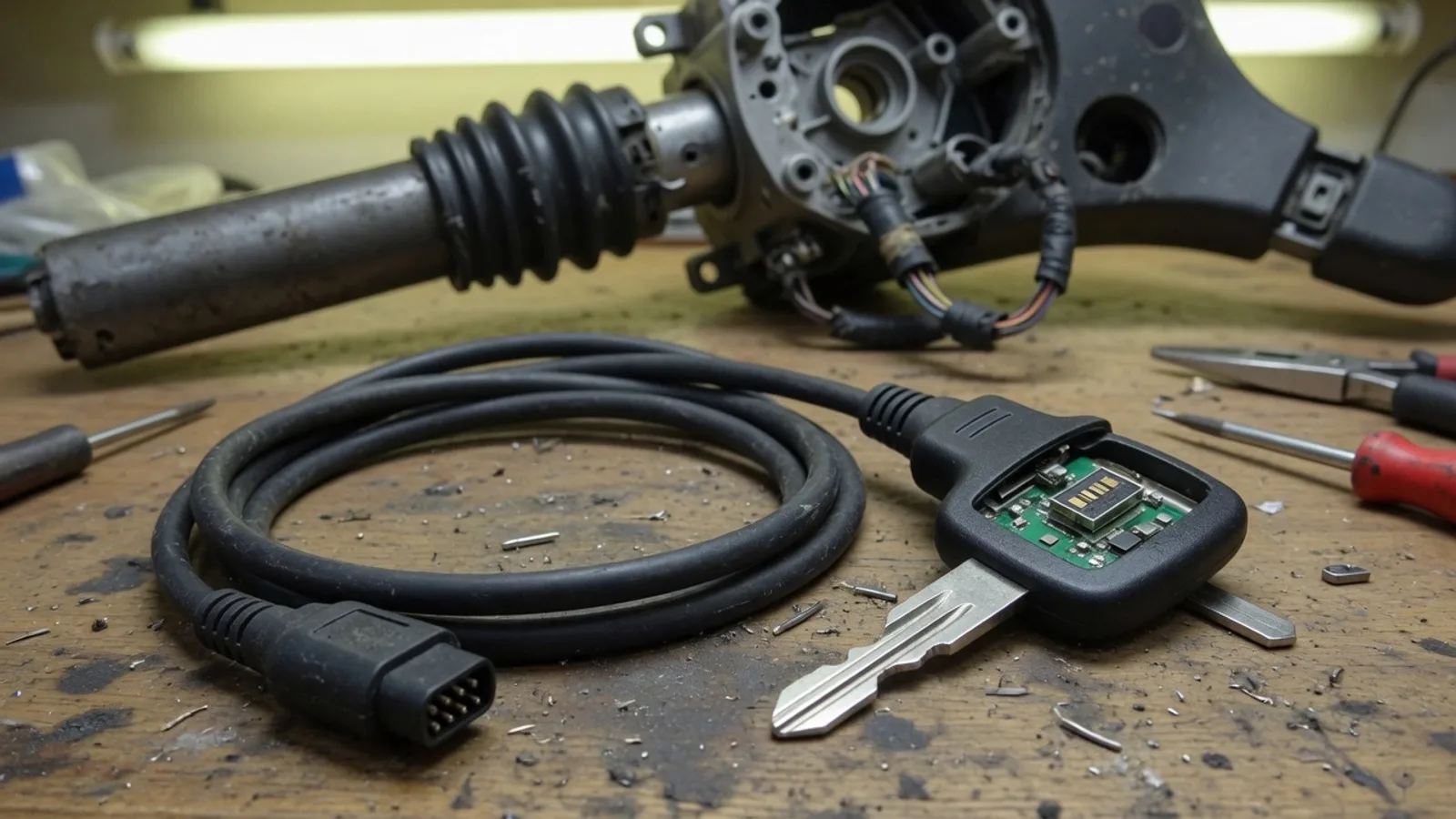 Open transponder car key and diagnostic cable on a workbench beside a steering column