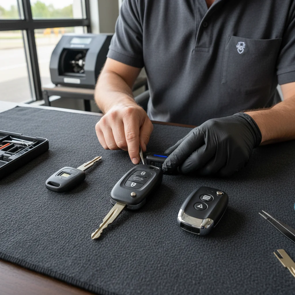A top-down view of three car keys on a dark background: a basic transponder key, a remote head key, and a smart key fob.