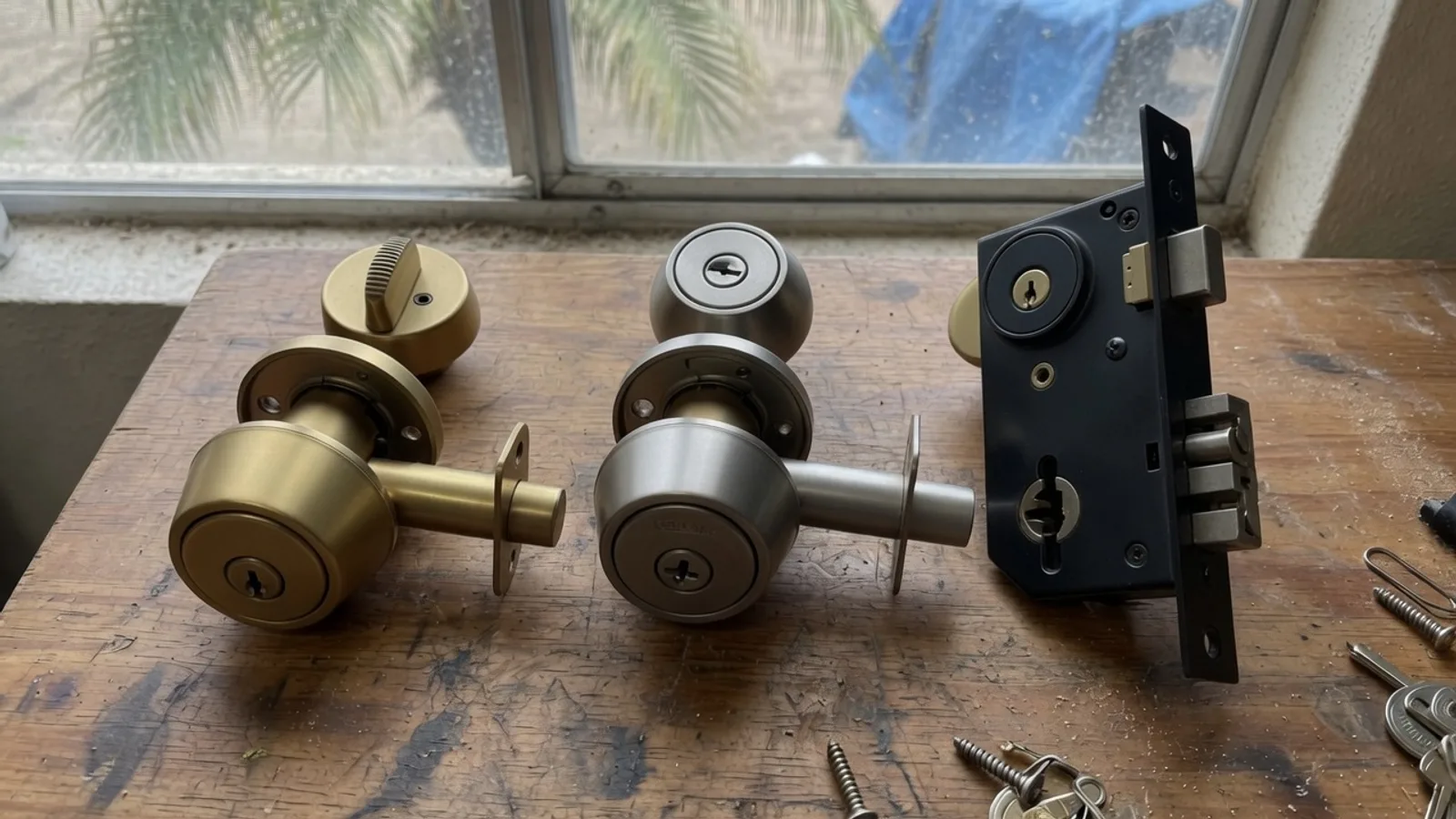 Single-cylinder, double-cylinder, and mortise-style lock bodies on a workbench
