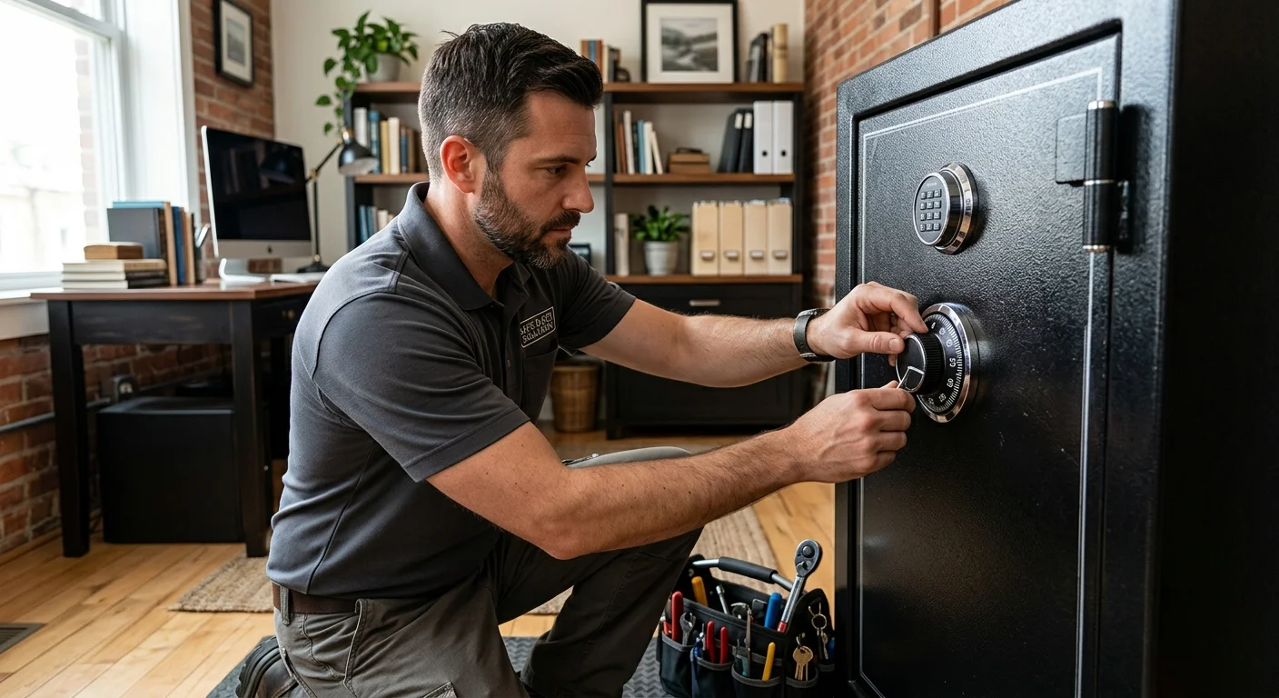 A professional locksmith examining the dial of a large, secure-looking home safe