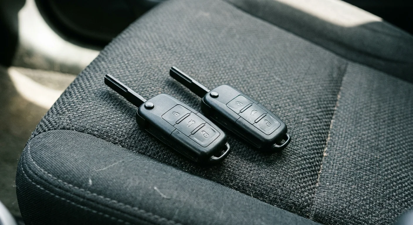 Two unbranded black car remote fobs resting on a car seat