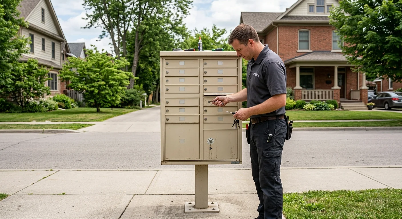 Beige outdoor cluster mailbox unit in a residential neighborhood