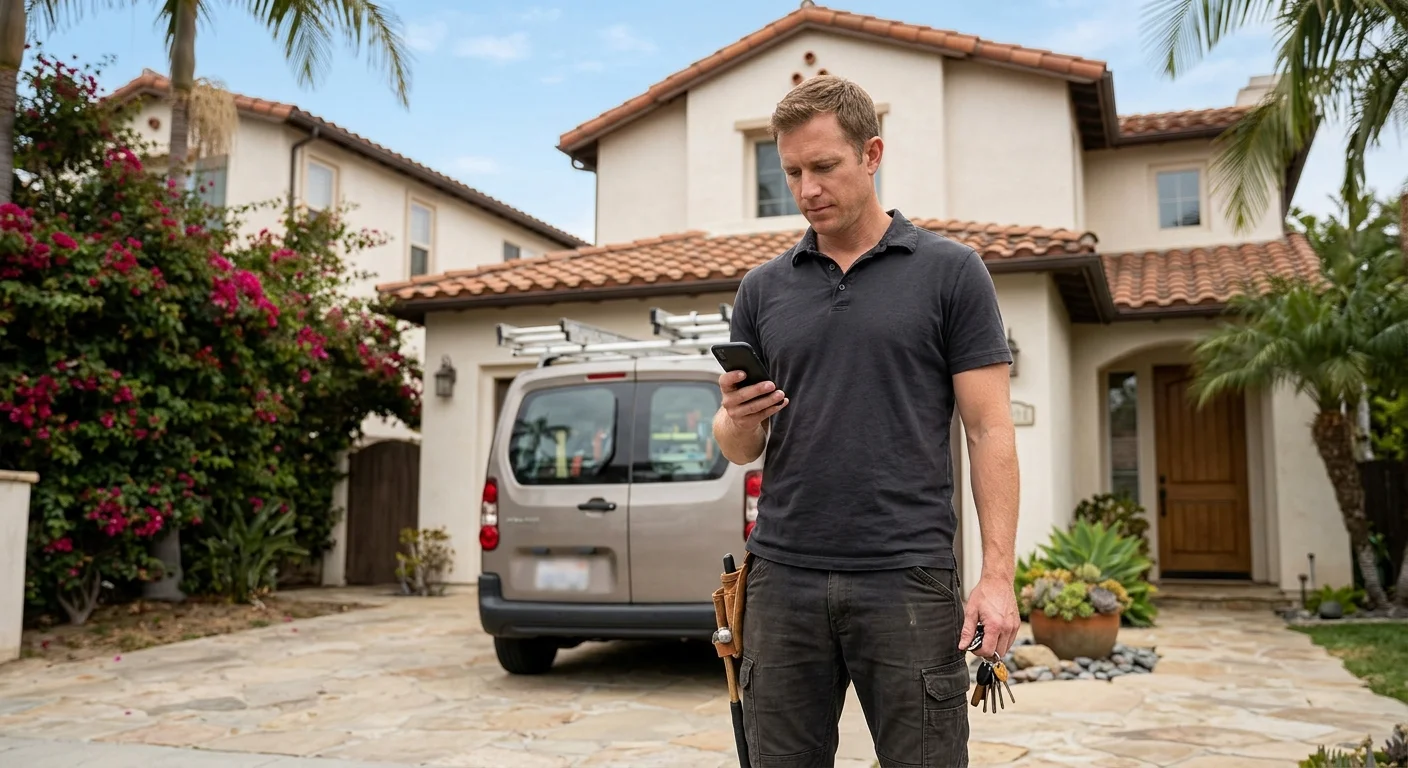 Traveler checking a phone outside a San Diego vacation rental