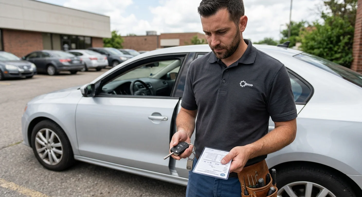 Driver comparing a Volkswagen key with a vehicle information card beside a parked car