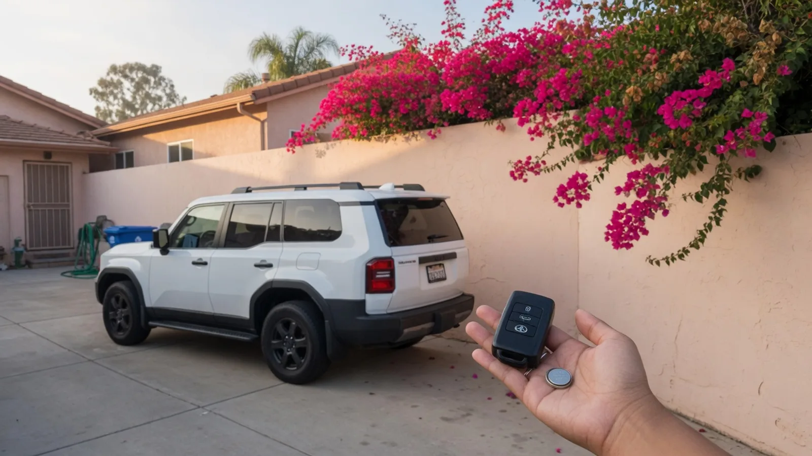 Hand holding a car key fob and a coin-cell battery beside a white SUV in a San Diego driveway