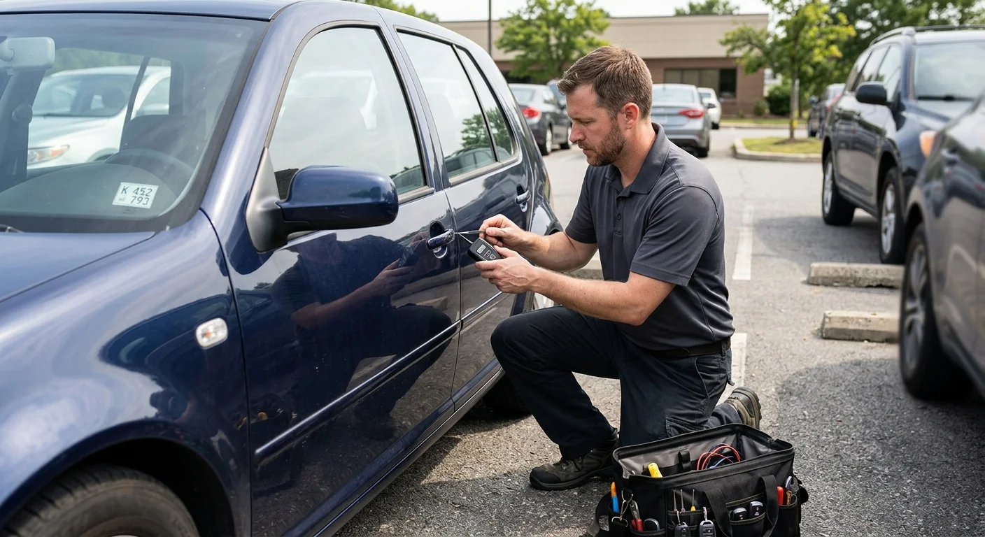 An independent automotive locksmith assessing a parked car in daylight