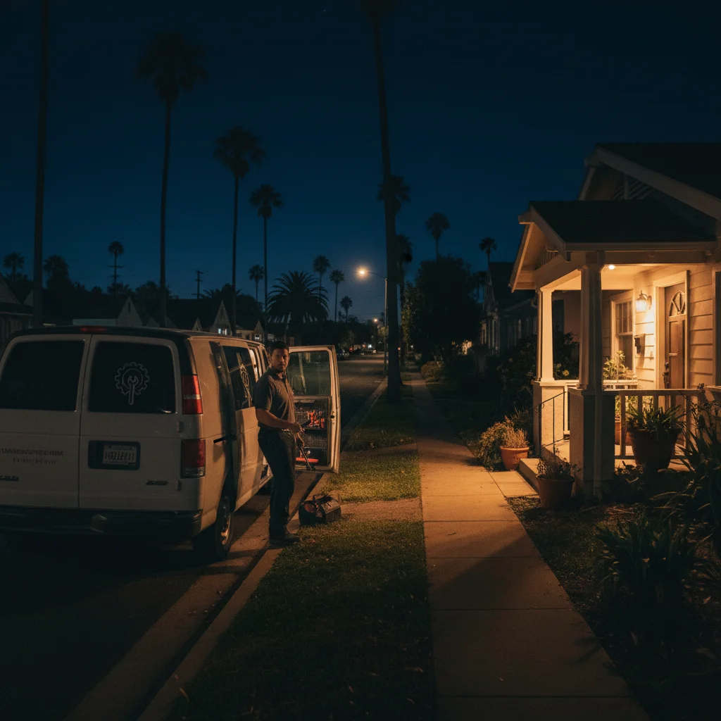 A professional locksmith van from Swift Key San Diego arrives at a suburban home at night.
