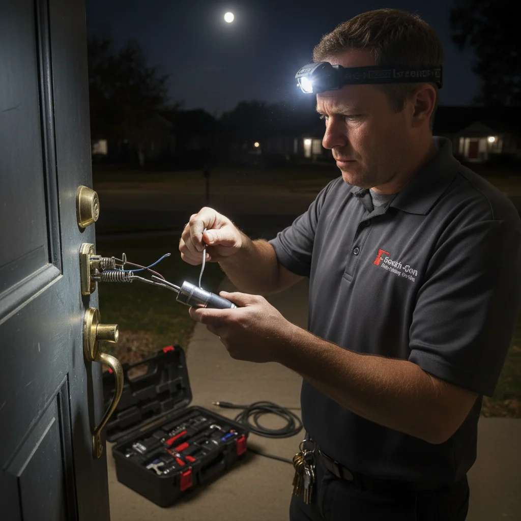 A locksmith working on a front door lock late at night, illuminated by a headlam