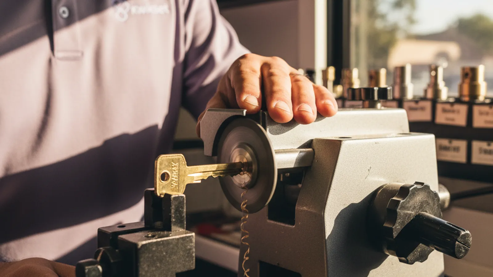 A locksmith cutting a brass house key on a professional key duplication machine in San Diego.