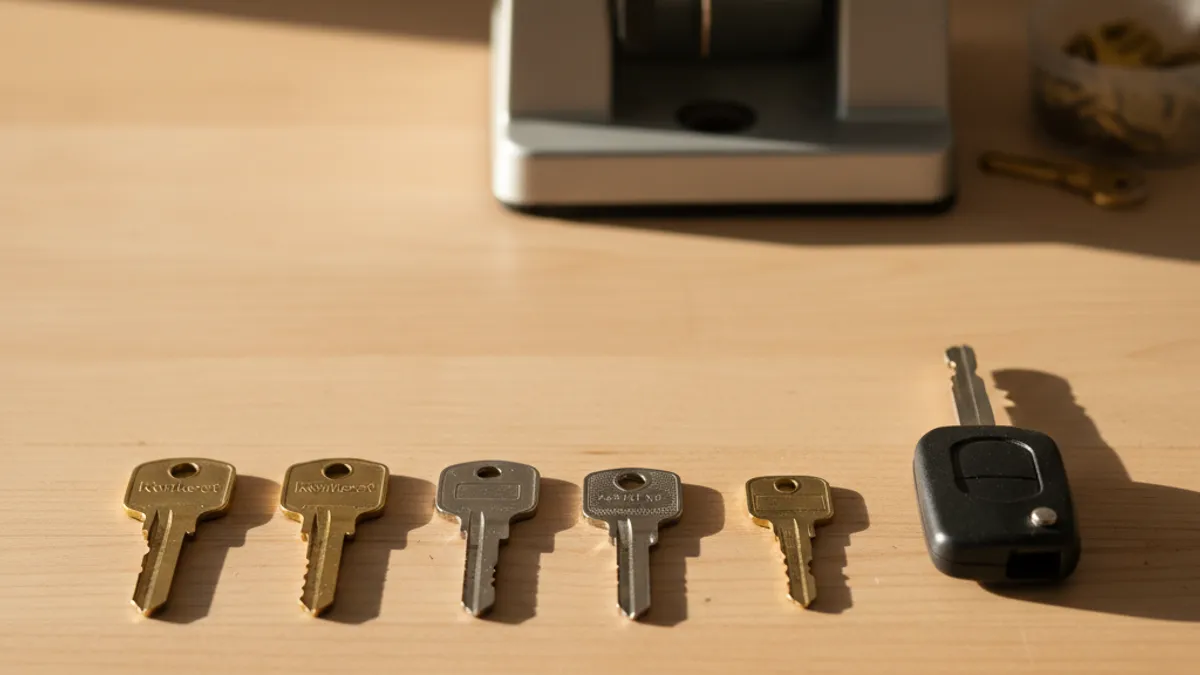 Several copied house keys and a car key fob laid out on a workbench in San Diego.