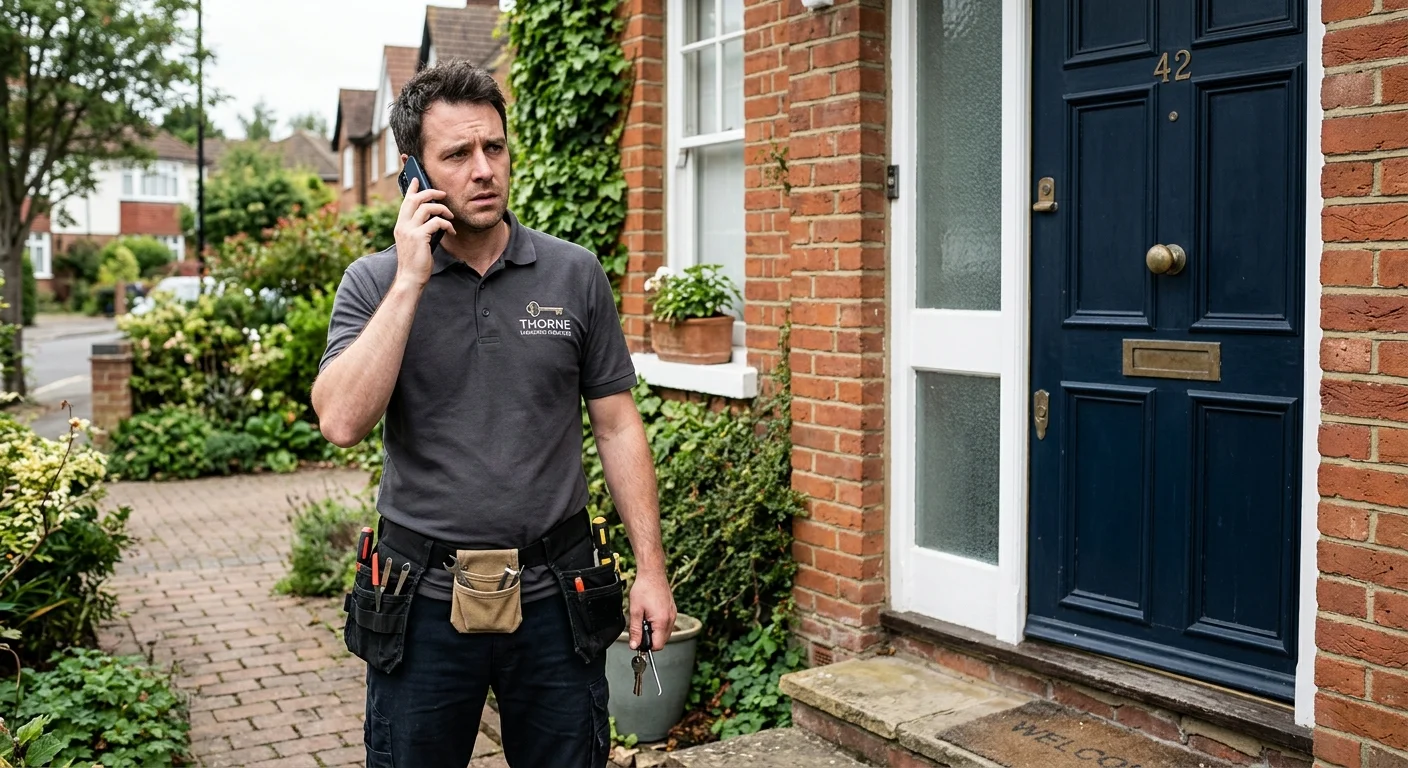 A person looking stressed, standing outside the front door of their house, holding their phone as if about to make a call.