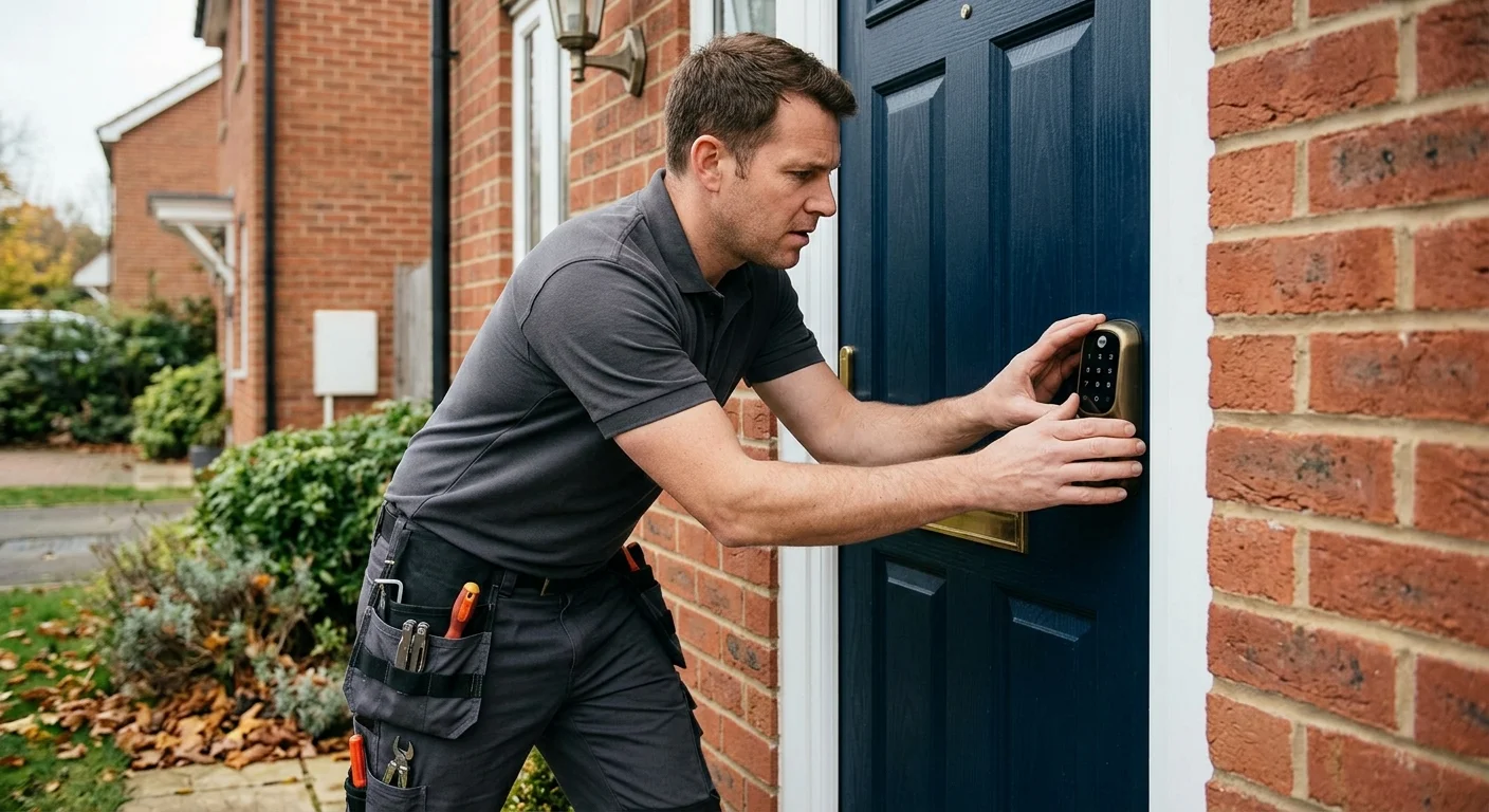 Homeowner at a closed front door checking a Yale keypad that will not light