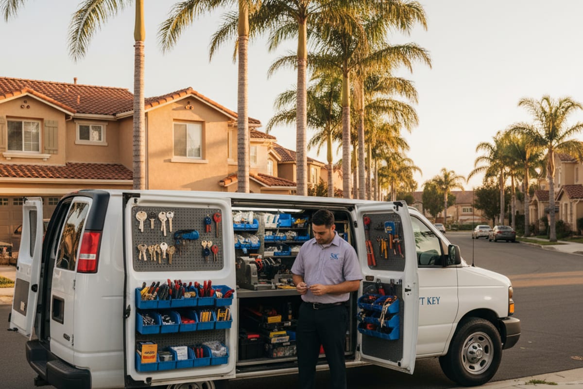 Swift Key locksmith van parked on a residential street at golden hour in a San Diego County neighborhood